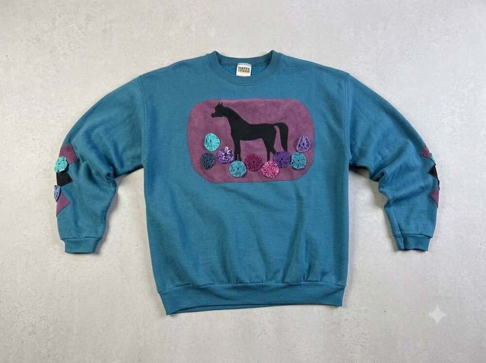 Vintage 90s Tultex Horse Yo-Yo Patchwork Sweatshirt Size Large USA Made Teal